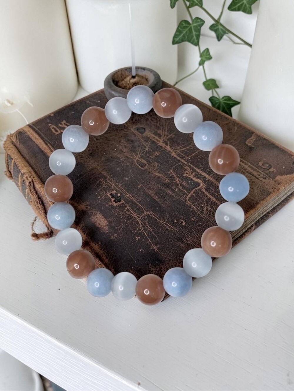 Handmade Moonstone, Sunstone, Aquamarine Beaded Stretch Bracelet